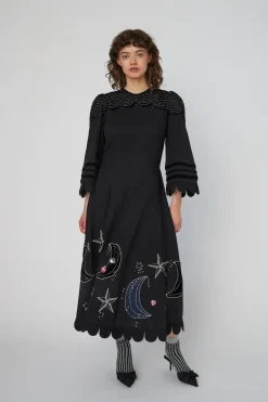 Snmoon And Star Embroidered Midi Dressms54-4316